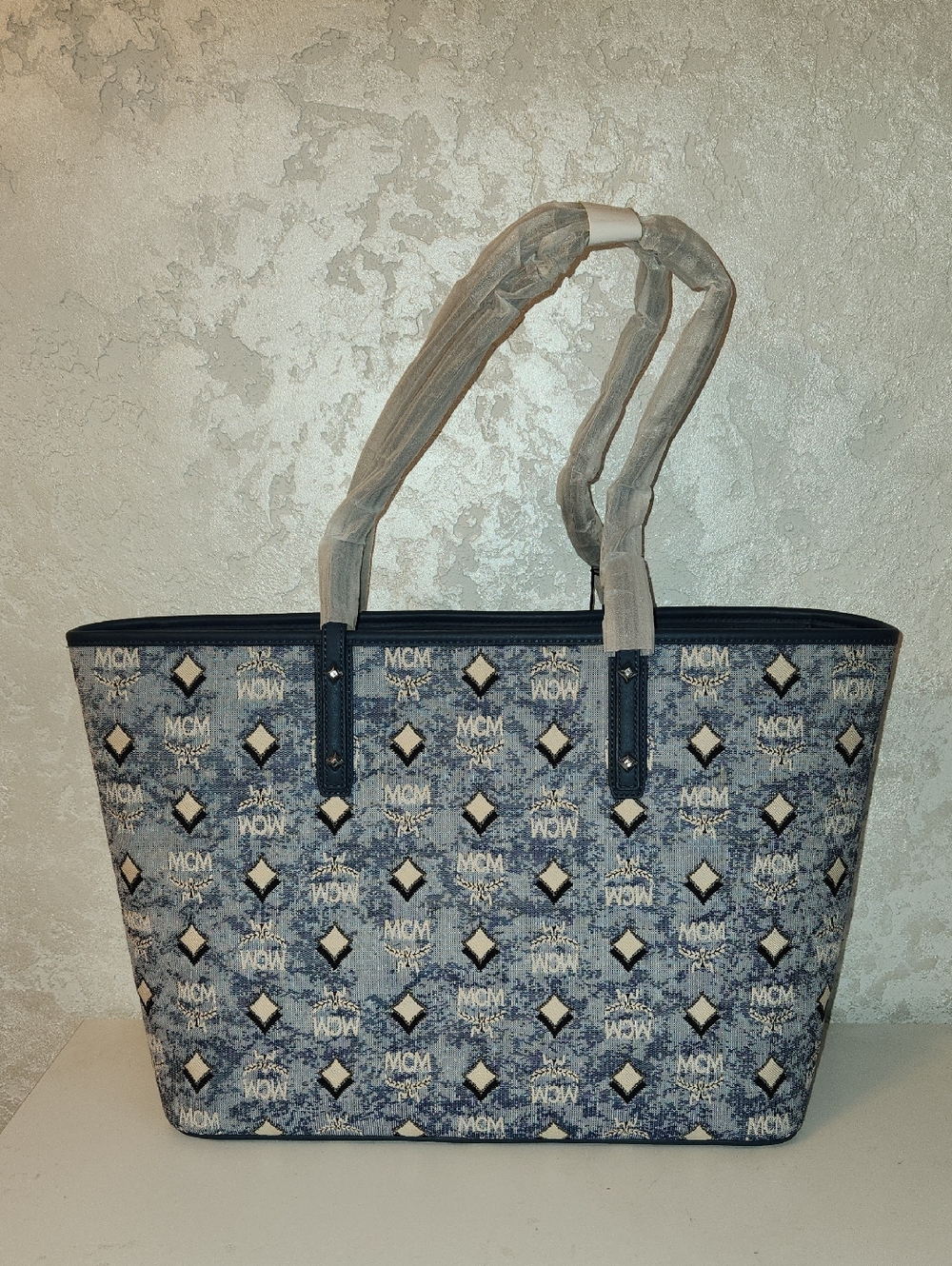 MCM Blue Monogram Visetos Tote with Navy Trim - Picture 2 of 5